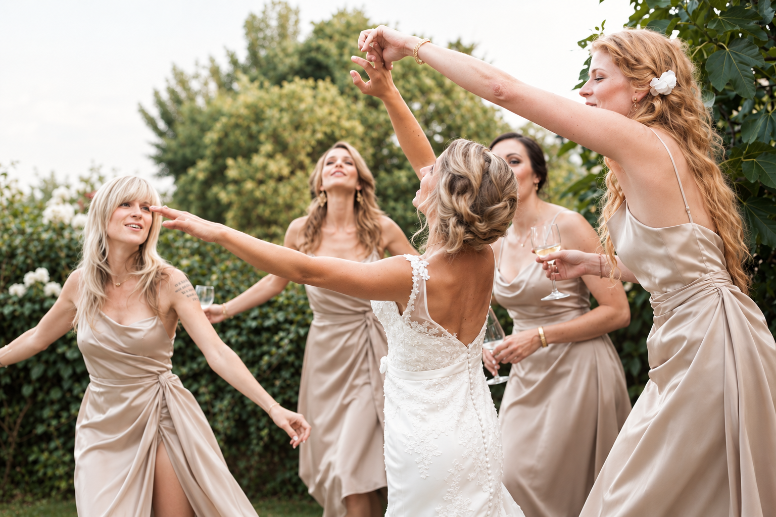 Bride with her bridesmaids in harmoniously coordinated hair and makeup looks.